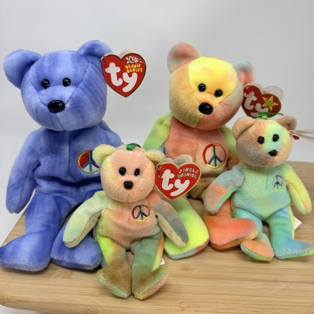 Ty Beanie Babies Peace 1996 Tie Dye Blue Bear 2002 Jingle Bears Hang Lot 4